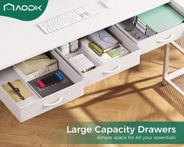 Alt view image 4 of 7 - AODK 53 Inch L Shaped Computer Desk with Drawers, Corner Desk with Power Outlets & Reversible Storage Shelves, Movable CPU Stand for Home Office Gaming, White