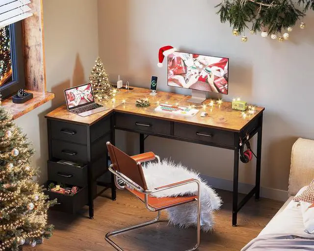 Alt view image 2 of 7 - Coleshome 42 Inch L Shaped Desk with Drawers, Computer Desk with Power Outlets, Home Office Desk with 6 Drawers, Reversible Corner Desk for Small Space, Study Work Table with Hook, Vintage