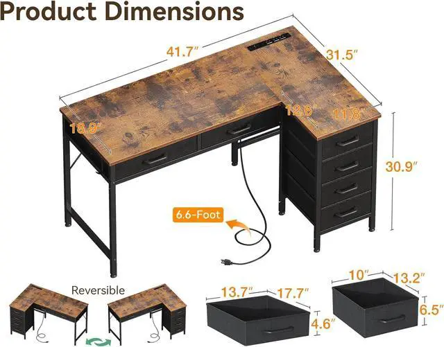 Alt view image 3 of 7 - Coleshome 42 Inch L Shaped Desk with Drawers, Computer Desk with Power Outlets, Home Office Desk with 6 Drawers, Reversible Corner Desk for Small Space, Study Work Table with Hook, Vintage