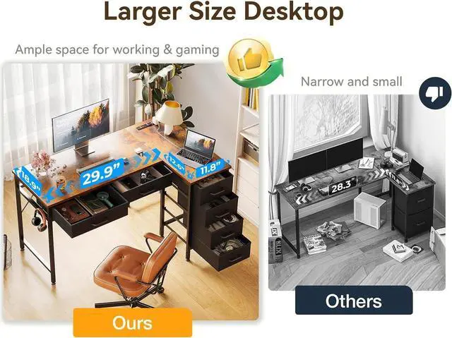 Alt view image 4 of 7 - Coleshome 42 Inch L Shaped Desk with Drawers, Computer Desk with Power Outlets, Home Office Desk with 6 Drawers, Reversible Corner Desk for Small Space, Study Work Table with Hook, Vintage