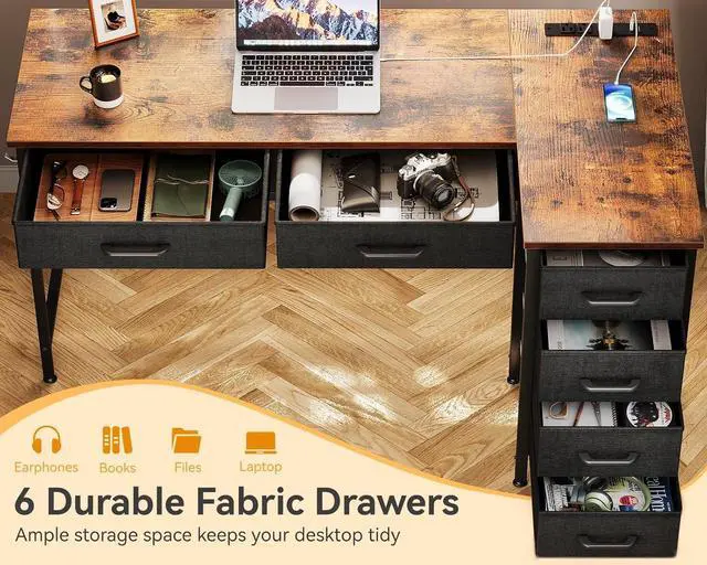 Alt view image 5 of 7 - Coleshome 42 Inch L Shaped Desk with Drawers, Computer Desk with Power Outlets, Home Office Desk with 6 Drawers, Reversible Corner Desk for Small Space, Study Work Table with Hook, Vintage