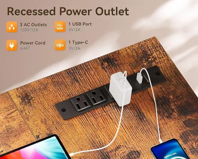 Alt view image 6 of 7 - Coleshome 42 Inch L Shaped Desk with Drawers, Computer Desk with Power Outlets, Home Office Desk with 6 Drawers, Reversible Corner Desk for Small Space, Study Work Table with Hook, Vintage