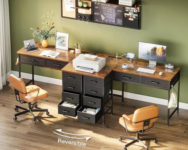 Alt view image 7 of 7 - Coleshome 42 Inch L Shaped Desk with Drawers, Computer Desk with Power Outlets, Home Office Desk with 6 Drawers, Reversible Corner Desk for Small Space, Study Work Table with Hook, Vintage