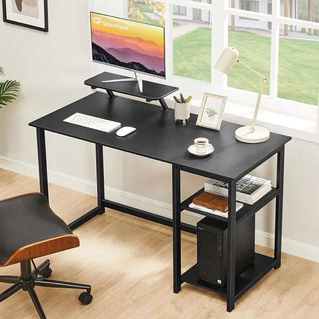 Alt view image 2 of 7 - GreenForest Computer Home Office Desk with Monitor Stand and Storage Shelves on Left or Right Side,47 inch Modern Writing Study PC Laptop Work Table,Black