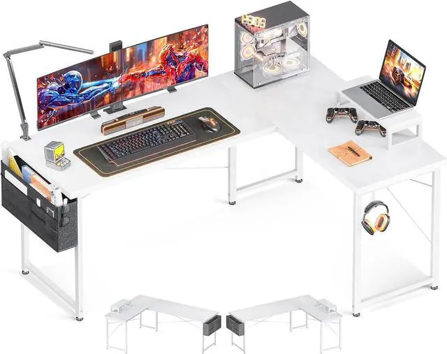 Main image of Casaottima L Shaped Computer Desk with Storage Bag, 57.5 Inch Reversible Gaming Desk, Home Office Corner Desk with Monitor Shelf, Space-Saving Writing Workstation Table, Easy to Assemble, White