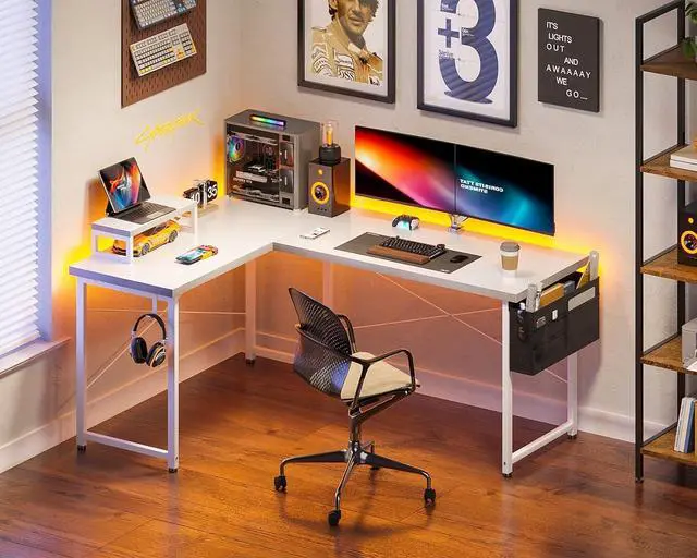 Alt view image 2 of 7 - Casaottima L Shaped Computer Desk with Storage Bag, 57.5 Inch Reversible Gaming Desk, Home Office Corner Desk with Monitor Shelf, Space-Saving Writing Workstation Table, Easy to Assemble, White