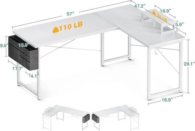 Alt view image 3 of 7 - Casaottima L Shaped Computer Desk with Storage Bag, 57.5 Inch Reversible Gaming Desk, Home Office Corner Desk with Monitor Shelf, Space-Saving Writing Workstation Table, Easy to Assemble, White