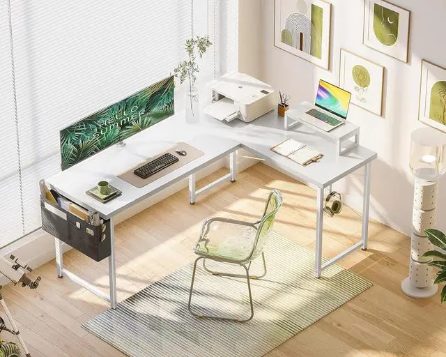 Alt view image 6 of 7 - Casaottima L Shaped Computer Desk with Storage Bag, 57.5 Inch Reversible Gaming Desk, Home Office Corner Desk with Monitor Shelf, Space-Saving Writing Workstation Table, Easy to Assemble, White