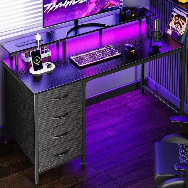 Main image of Huuger 47 Inch Computer Desk with Power Outlets and LED Lights, Gaming Desk with 4 Drawers, Office Desk with Monitor Stand, Study Desk Work Desk for Home Office, Small Spaces, Black