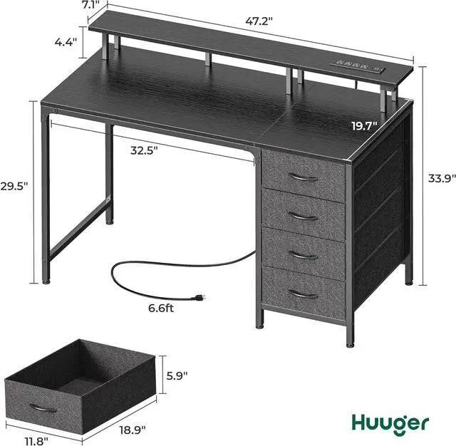 Alt view image 2 of 7 - Huuger 47 Inch Computer Desk with Power Outlets and LED Lights, Gaming Desk with 4 Drawers, Office Desk with Monitor Stand, Study Desk Work Desk for Home Office, Small Spaces, Black