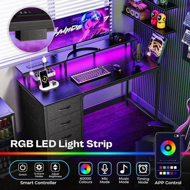 Alt view image 4 of 7 - Huuger 47 Inch Computer Desk with Power Outlets and LED Lights, Gaming Desk with 4 Drawers, Office Desk with Monitor Stand, Study Desk Work Desk for Home Office, Small Spaces, Black