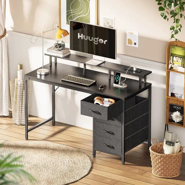 Alt view image 7 of 7 - Huuger 47 Inch Computer Desk with Power Outlets and LED Lights, Gaming Desk with 4 Drawers, Office Desk with Monitor Stand, Study Desk Work Desk for Home Office, Small Spaces, Black