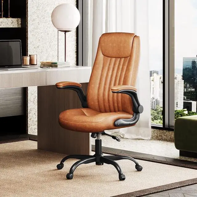 Alt view image 2 of 7 - DEVAISE Computer Office Chair, High Back Ergonomic Desk Chair with Adjustable Flip-up Armrests, Lumbar Support and Thick Headrest, Executive Swivel Task Chair, Brown