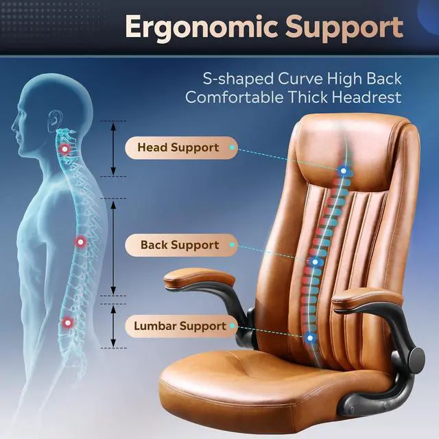Alt view image 4 of 7 - DEVAISE Computer Office Chair, High Back Ergonomic Desk Chair with Adjustable Flip-up Armrests, Lumbar Support and Thick Headrest, Executive Swivel Task Chair, Brown