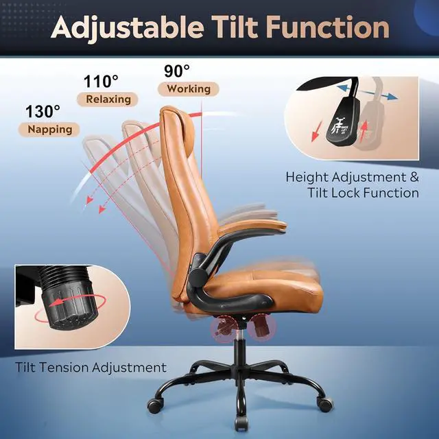 Alt view image 5 of 7 - DEVAISE Computer Office Chair, High Back Ergonomic Desk Chair with Adjustable Flip-up Armrests, Lumbar Support and Thick Headrest, Executive Swivel Task Chair, Brown