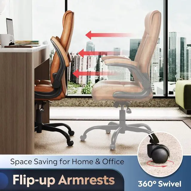 Alt view image 6 of 7 - DEVAISE Computer Office Chair, High Back Ergonomic Desk Chair with Adjustable Flip-up Armrests, Lumbar Support and Thick Headrest, Executive Swivel Task Chair, Brown