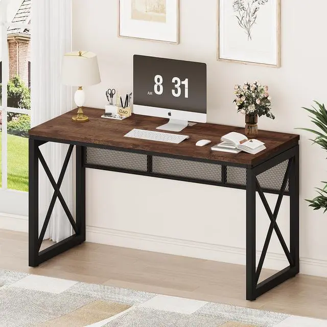 Main image of BON AUGURE Farmhouse Computer Desk, Modern Industrial Home Office Desk, Wood Metal Study Writing Table, Sturdy Gaming Desk (Rustic Oak, 54 Inch)