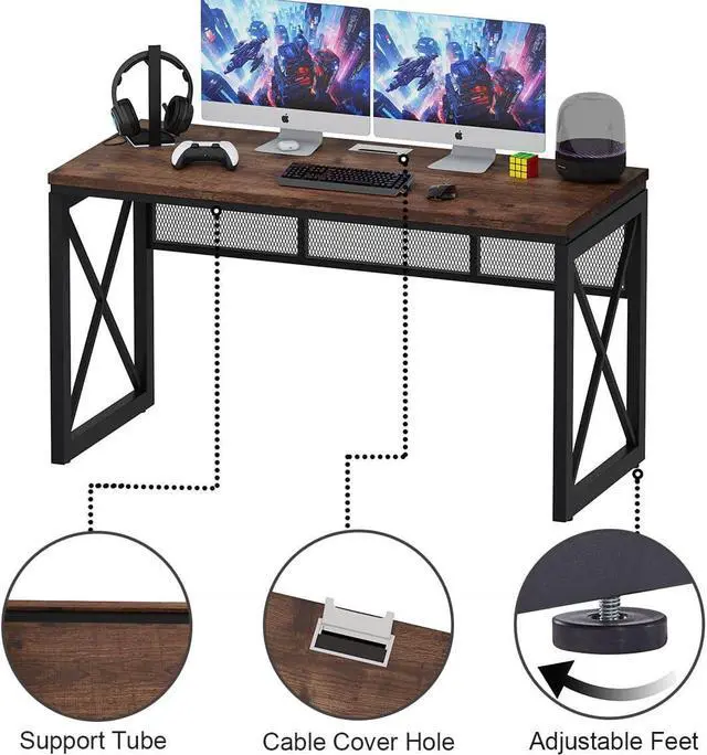 Alt view image 3 of 7 - BON AUGURE Farmhouse Computer Desk, Modern Industrial Home Office Desk, Wood Metal Study Writing Table, Sturdy Gaming Desk (Rustic Oak, 54 Inch)