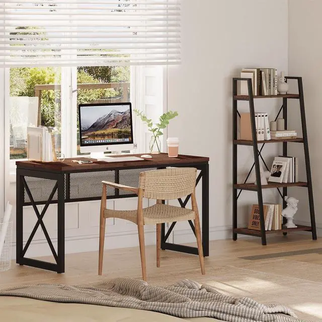 Alt view image 6 of 7 - BON AUGURE Farmhouse Computer Desk, Modern Industrial Home Office Desk, Wood Metal Study Writing Table, Sturdy Gaming Desk (Rustic Oak, 54 Inch)