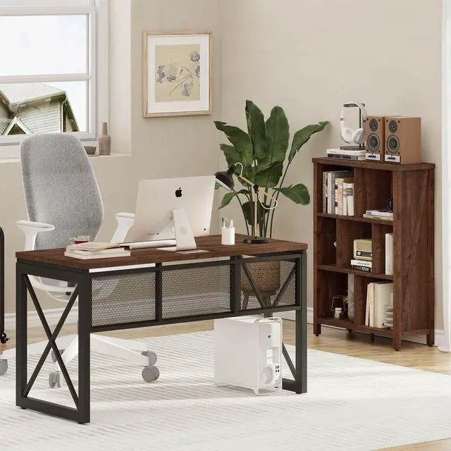 Alt view image 5 of 7 - BON AUGURE Farmhouse Computer Desk, Modern Industrial Home Office Desk, Wood Metal Study Writing Table, Sturdy Gaming Desk (Rustic Oak, 54 Inch)