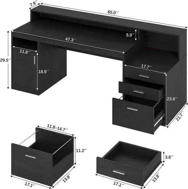 Alt view image 2 of 7 - Computer Desk with 3 Drawer & Storage Shelves, Home Office Desk with File Drawer & Cabinet, Writing Study Table with Long Monitor Stand & Printer Shelf, Executive Desk, Black