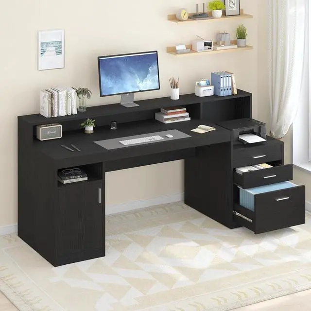 Alt view image 3 of 7 - Computer Desk with 3 Drawer & Storage Shelves, Home Office Desk with File Drawer & Cabinet, Writing Study Table with Long Monitor Stand & Printer Shelf, Executive Desk, Black
