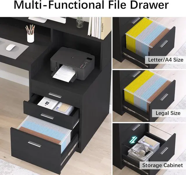 Alt view image 5 of 7 - Computer Desk with 3 Drawer & Storage Shelves, Home Office Desk with File Drawer & Cabinet, Writing Study Table with Long Monitor Stand & Printer Shelf, Executive Desk, Black
