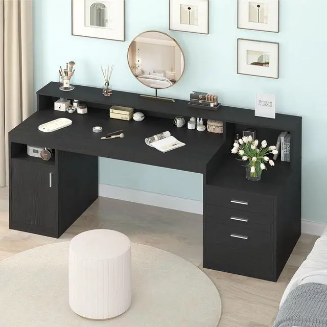 Alt view image 7 of 7 - Computer Desk with 3 Drawer & Storage Shelves, Home Office Desk with File Drawer & Cabinet, Writing Study Table with Long Monitor Stand & Printer Shelf, Executive Desk, Black