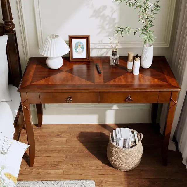 Alt view image 3 of 7 - Traditional Home Office Desk with 2 Storage Drawers, Solid Wood Computer Desk with Elegant Carved Legs,Vanity Desk, Writing Desk, Corner Table for Living Room, Easy Assembly Cherry Brown BSZ-DR200