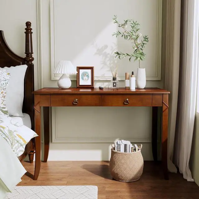 Alt view image 4 of 7 - Traditional Home Office Desk with 2 Storage Drawers, Solid Wood Computer Desk with Elegant Carved Legs,Vanity Desk, Writing Desk, Corner Table for Living Room, Easy Assembly Cherry Brown BSZ-DR200