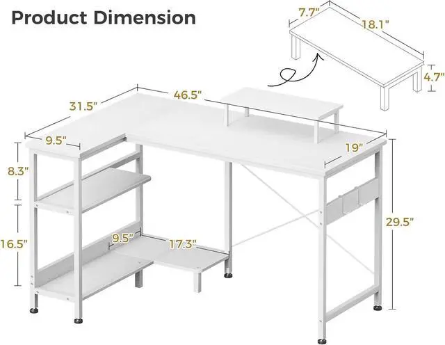 Alt view image 3 of 7 - 47 Inch Small L Shaped Computer Desk with Reversible Storage Shelves, L-Shaped Corner Desk with Monitor Stand for Small Se, Modern Simple Writing Table for Home Office Workstation, White
