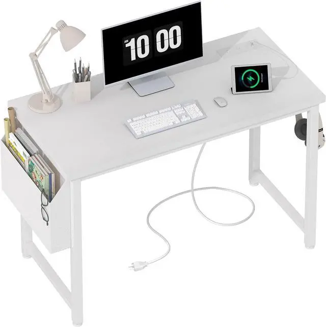 Main image of Lufeiya White Computer Desk with Power Outlet, 40 inch Simple Teen Study Table Home Office Work Writing Desks with Charging Station Outlets USB Port Built in, Storage PocketWhite