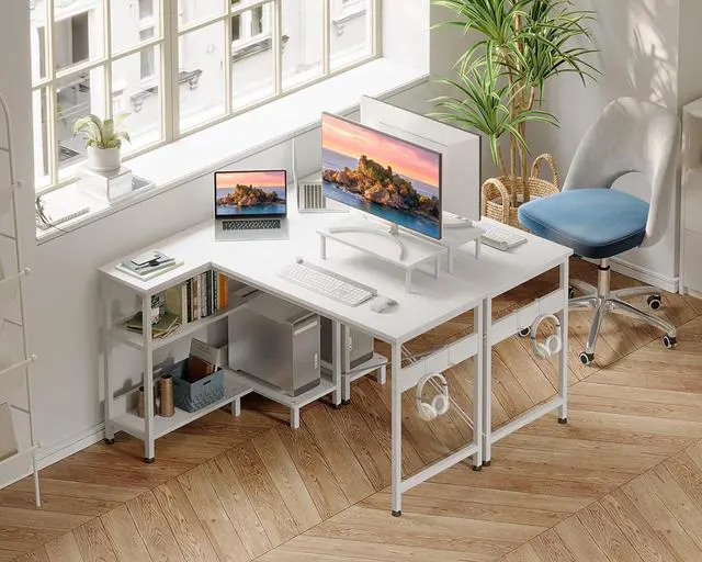 Alt view image 7 of 7 - 47 Inch Small L Shaped Computer Desk with Reversible Storage Shelves, L-Shaped Corner Desk with Monitor Stand for Small Se, Modern Simple Writing Table for Home Office Workstation, White