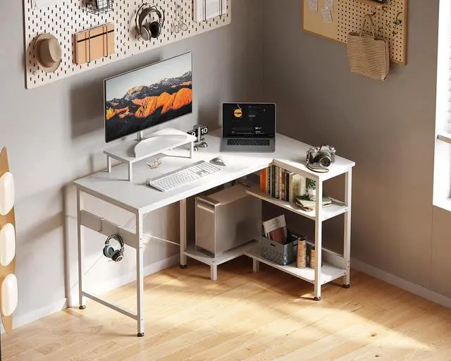 Alt view image 2 of 7 - 47 Inch Small L Shaped Computer Desk with Reversible Storage Shelves, L-Shaped Corner Desk with Monitor Stand for Small Se, Modern Simple Writing Table for Home Office Workstation, White