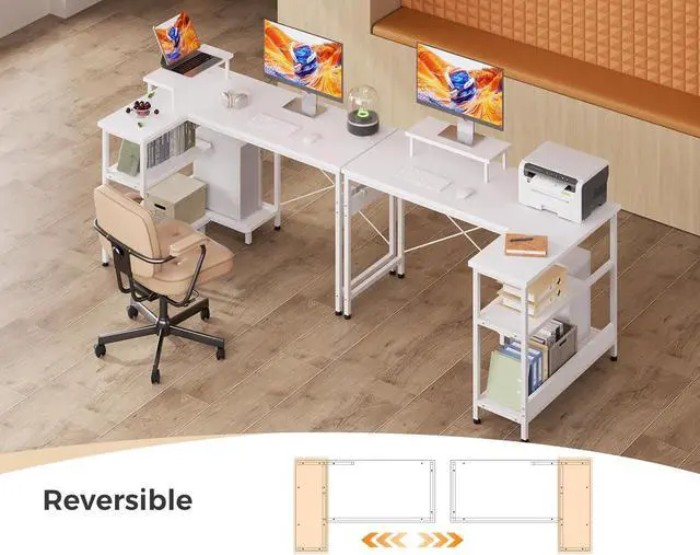 Alt view image 5 of 7 - 47 Inch Small L Shaped Computer Desk with Reversible Storage Shelves, L-Shaped Corner Desk with Monitor Stand for Small Se, Modern Simple Writing Table for Home Office Workstation, White