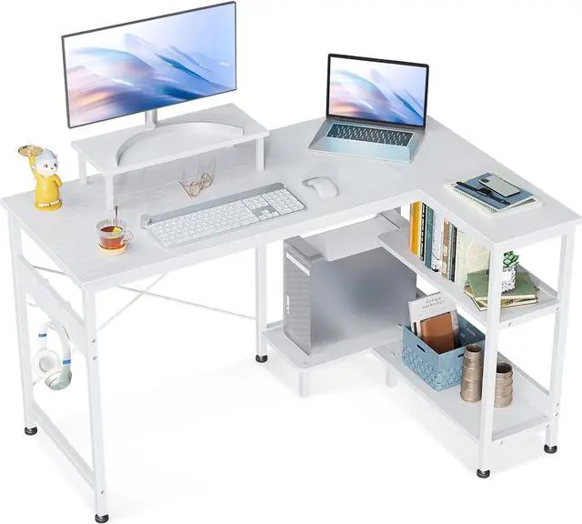Main image of 47 Inch Small L Shaped Computer Desk with Reversible Storage Shelves, L-Shaped Corner Desk with Monitor Stand for Small Se, Modern Simple Writing Table for Home Office Workstation, White