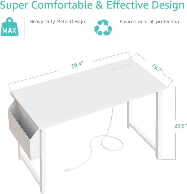 Alt view image 3 of 7 - Lufeiya White Computer Desk with Power Outlet, 40 inch Simple Teen Study Table Home Office Work Writing Desks with Charging Station Outlets USB Port Built in, Storage PocketWhite