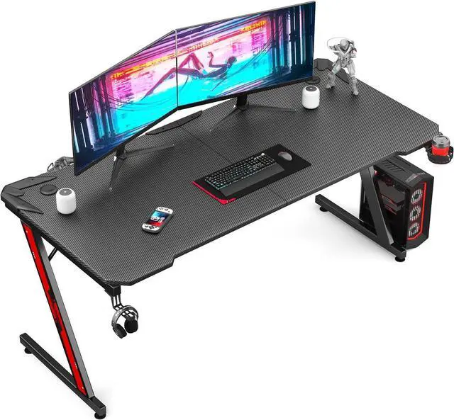 Main image of Homall Gaming Desk Computer Desk with Carbon Fiber Surface, Gaming Table Z Shaped PC Home Office with Cup Holder&Headphone Hook(63 in, Black)