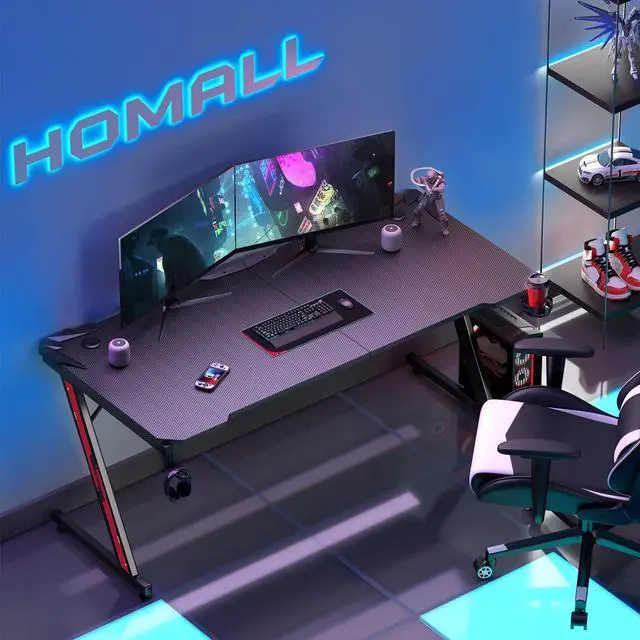 Alt view image 5 of 6 - Homall Gaming Desk Computer Desk with Carbon Fiber Surface, Gaming Table Z Shaped PC Home Office with Cup Holder&Headphone Hook(63 in, Black)