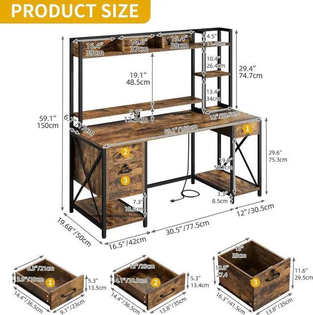 Alt view image 2 of 7 - DWVO Computer Desk with Drawers & Hutch, 59.1" Office Desk with Power Outlets & LED Lights, Home Office Desk with Storage Shelves, Rustic Brown
