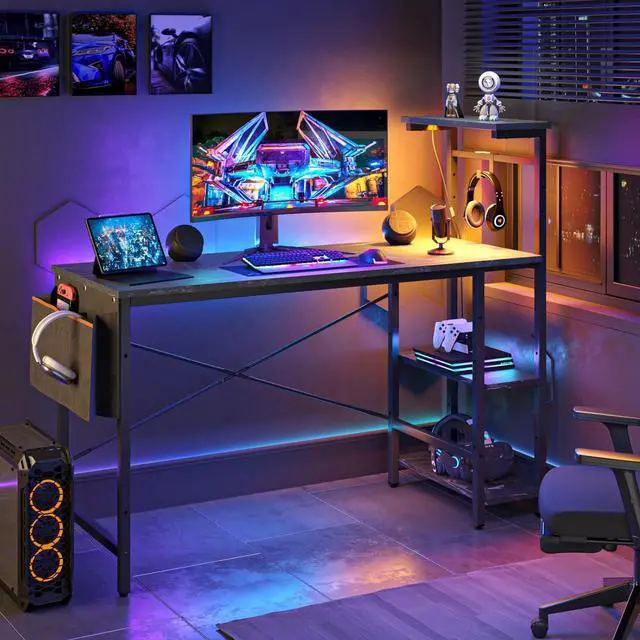 Alt view image 3 of 7 - Bestier Gaming Desk with LED Lights, 51.3 Inch Computer Desk with 4 Tiers Reversible Shelves, Gamer Desk with Side Storage Bag, Hooks and Height Adjustable Shelf (Black Marble)