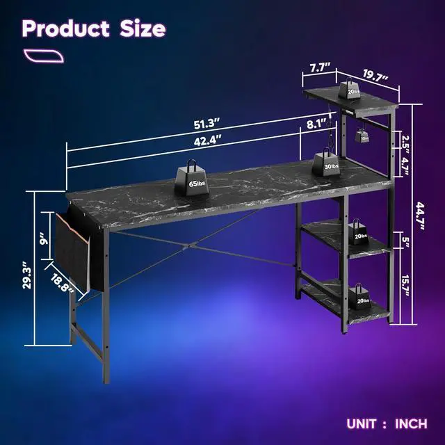 Alt view image 2 of 7 - Bestier Gaming Desk with LED Lights, 51.3 Inch Computer Desk with 4 Tiers Reversible Shelves, Gamer Desk with Side Storage Bag, Hooks and Height Adjustable Shelf (Black Marble)
