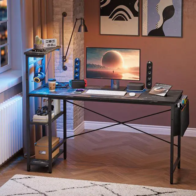 Alt view image 5 of 7 - Bestier Gaming Desk with LED Lights, 51.3 Inch Computer Desk with 4 Tiers Reversible Shelves, Gamer Desk with Side Storage Bag, Hooks and Height Adjustable Shelf (Black Marble)