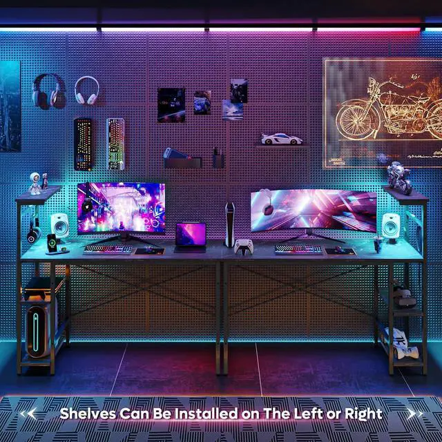 Alt view image 4 of 7 - Bestier Gaming Desk with LED Lights, 51.3 Inch Computer Desk with 4 Tiers Reversible Shelves, Gamer Desk with Side Storage Bag, Hooks and Height Adjustable Shelf (Black Marble)