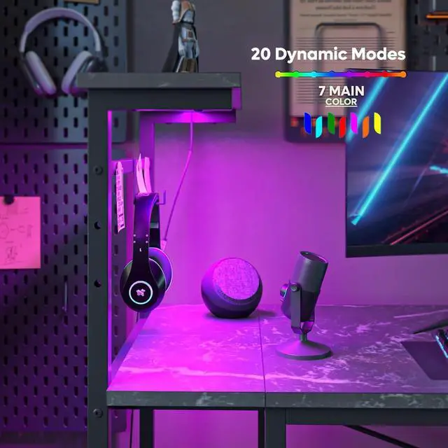 Alt view image 6 of 7 - Bestier Gaming Desk with LED Lights, 51.3 Inch Computer Desk with 4 Tiers Reversible Shelves, Gamer Desk with Side Storage Bag, Hooks and Height Adjustable Shelf (Black Marble)