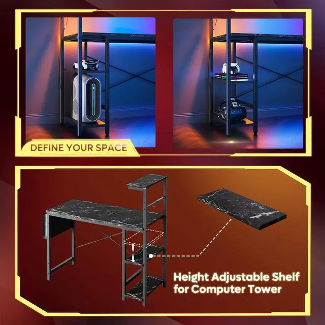 Alt view image 7 of 7 - Bestier Gaming Desk with LED Lights, 51.3 Inch Computer Desk with 4 Tiers Reversible Shelves, Gamer Desk with Side Storage Bag, Hooks and Height Adjustable Shelf (Black Marble)