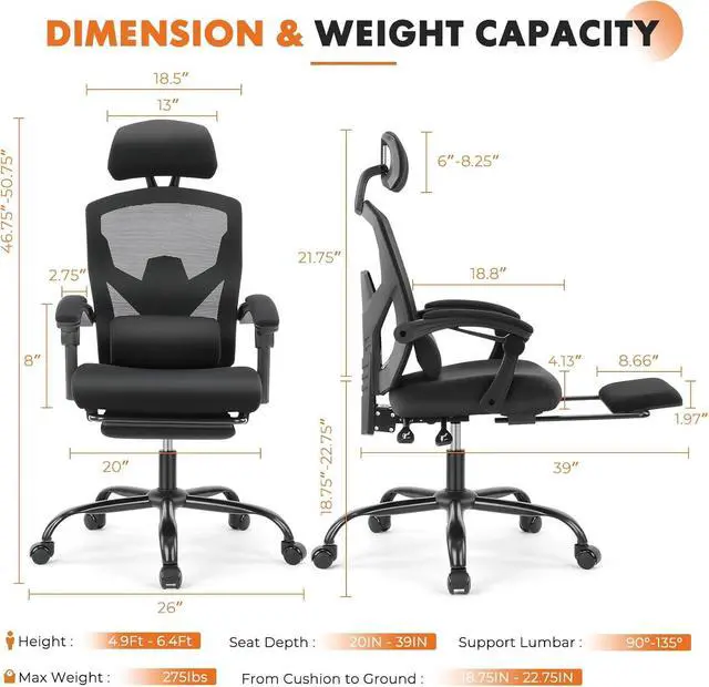 Alt view image 2 of 7 - Sweetcrispy Office Computer Desk Chair, Ergonomic High-Back Mesh Rolling Work Swivel Chairs with Wheels, Comfortable Lumbar Support, Comfy Arms for Home, Bedroom, Study, Student, Black