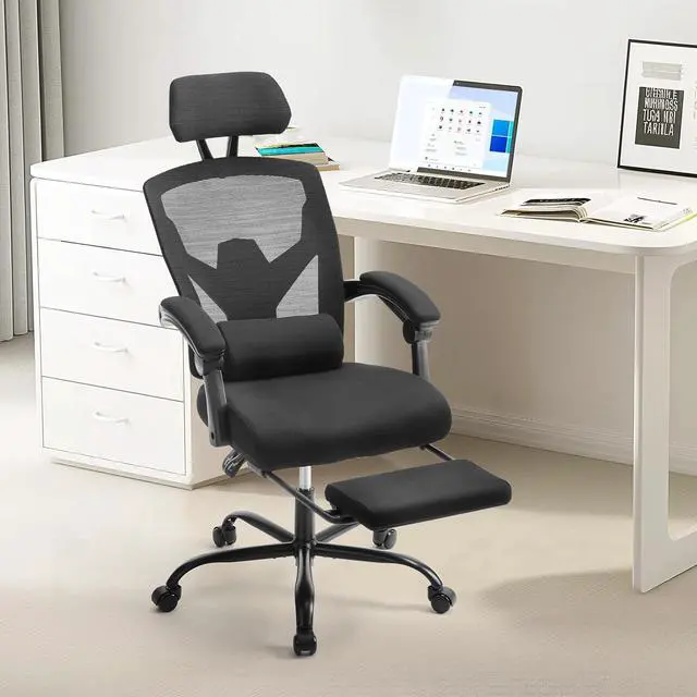 Main image of Sweetcrispy Office Computer Desk Chair, Ergonomic High-Back Mesh Rolling Work Swivel Chairs with Wheels, Comfortable Lumbar Support, Comfy Arms for Home, Bedroom, Study, Student, Black