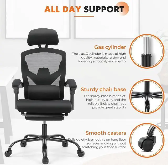 Alt view image 7 of 7 - Sweetcrispy Office Computer Desk Chair, Ergonomic High-Back Mesh Rolling Work Swivel Chairs with Wheels, Comfortable Lumbar Support, Comfy Arms for Home, Bedroom, Study, Student, Black