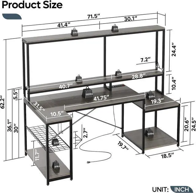 Alt view image 2 of 7 - Bestier 71.5 Computer Desk, Gaming Desk with Long Monitor Stand and Hutch, Large L Shaped Corner Desk with Storage Shelf & Printer Stand Headset Hooks, Gamer Desk, Grey Oak